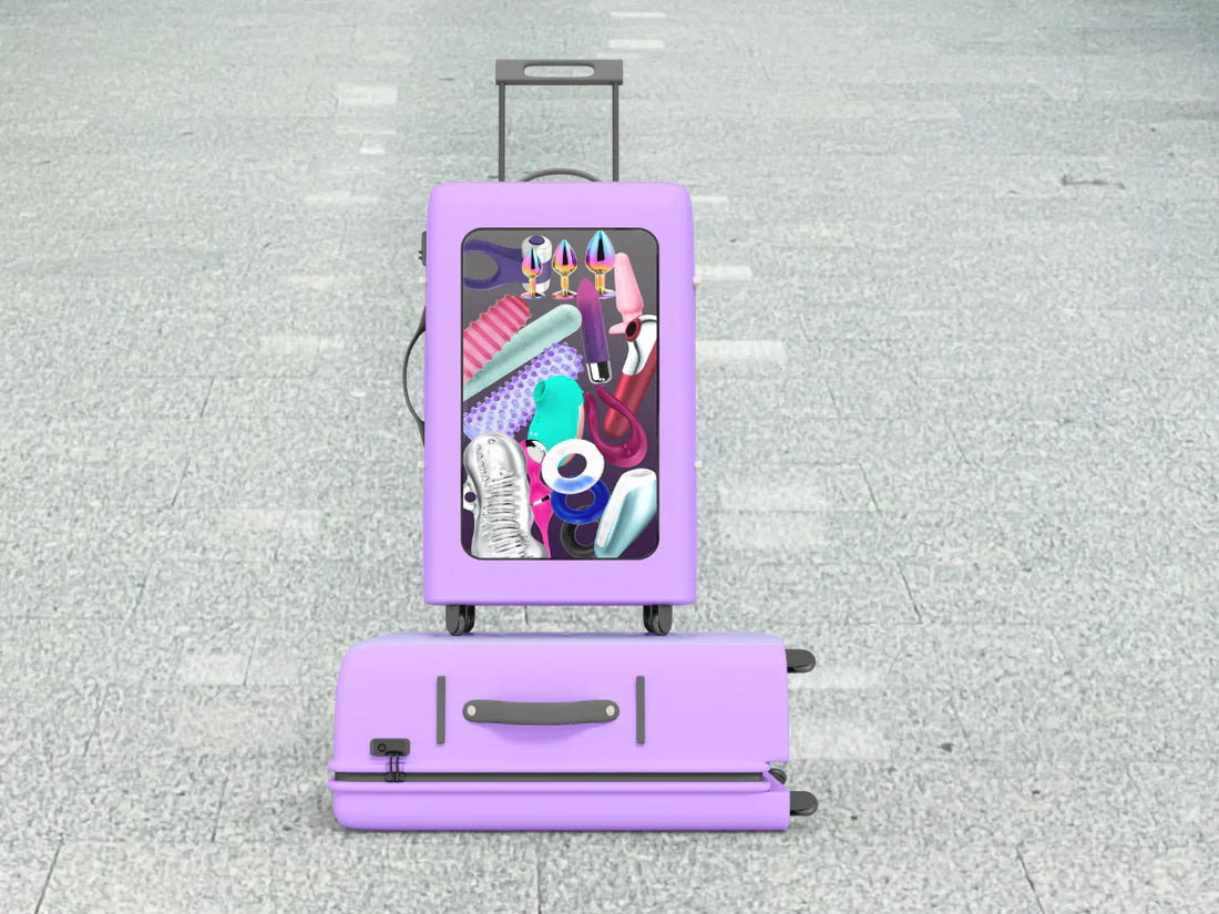 A purple suitcase at an airport with its contents visible, showing a variety of colourful sex toys neatly packed inside, symbolising discreet travel with adult products.