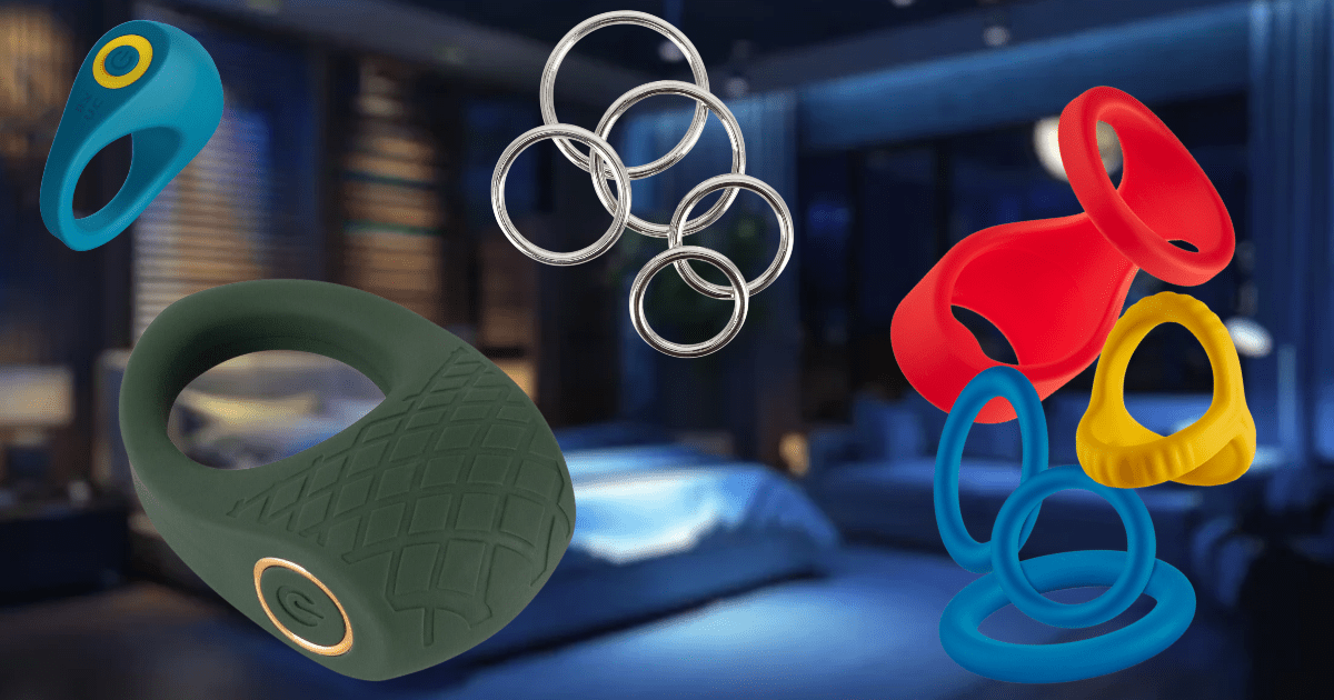 a selection of cock rings on a dark bedroom background