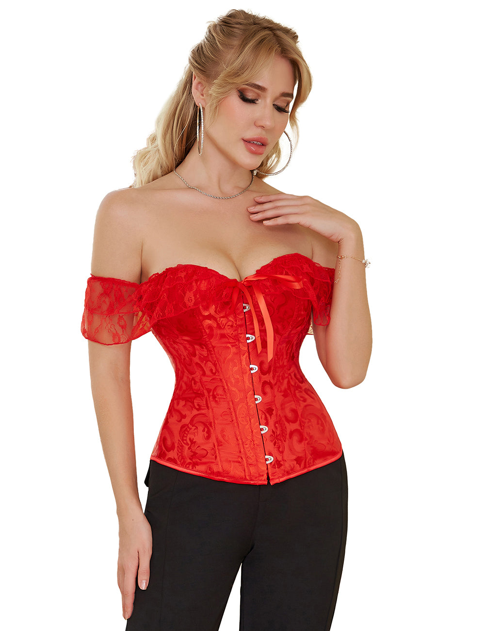 Off Shoulder Plastic Bones Lace Corsets with Panties