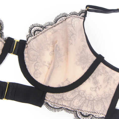 Loveangels Black Sexy Mesh Embroidery Lace Garter Bra Set