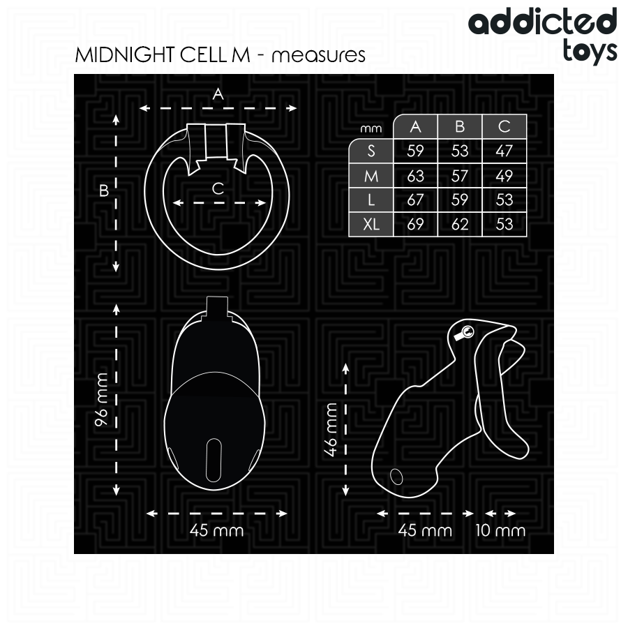 Addicted Toys Locked - Midnight Cell Penis Cage Size Medium 4.2 cm Size Chart