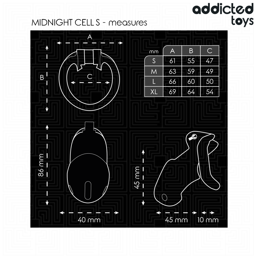 Addicted Toys Locked - Midnight Cell Penis Cage Size Small 4.8 cm Size Chart