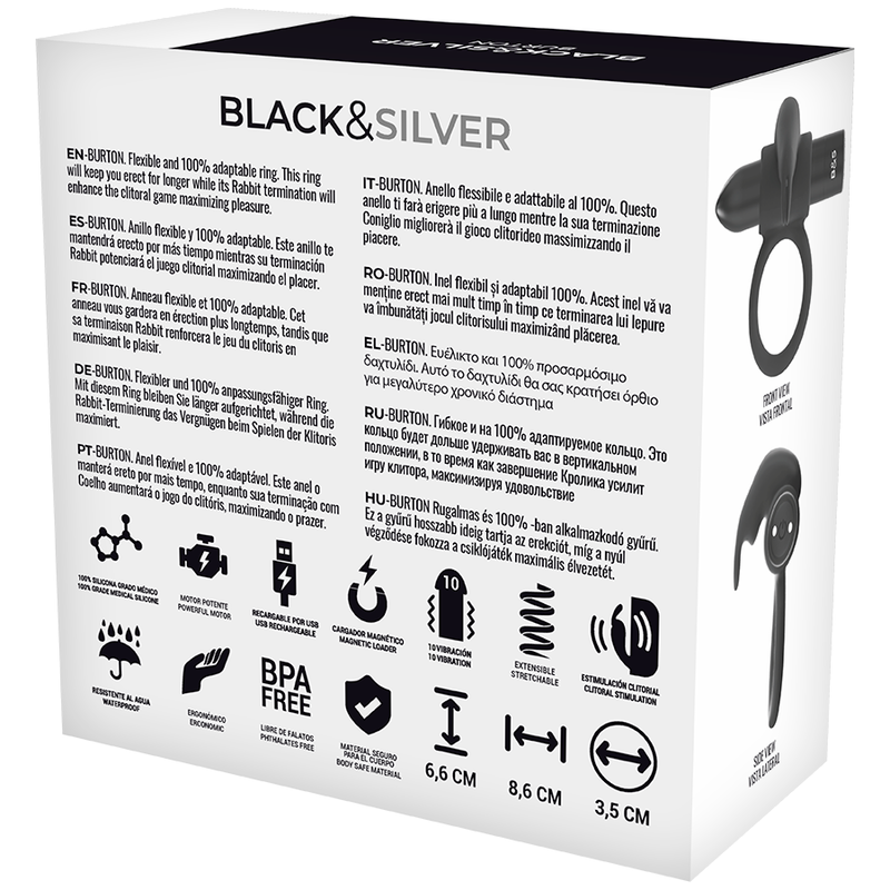 Black&Silver - Vibrating Burton Cockring with WatchMe Remote Control Box