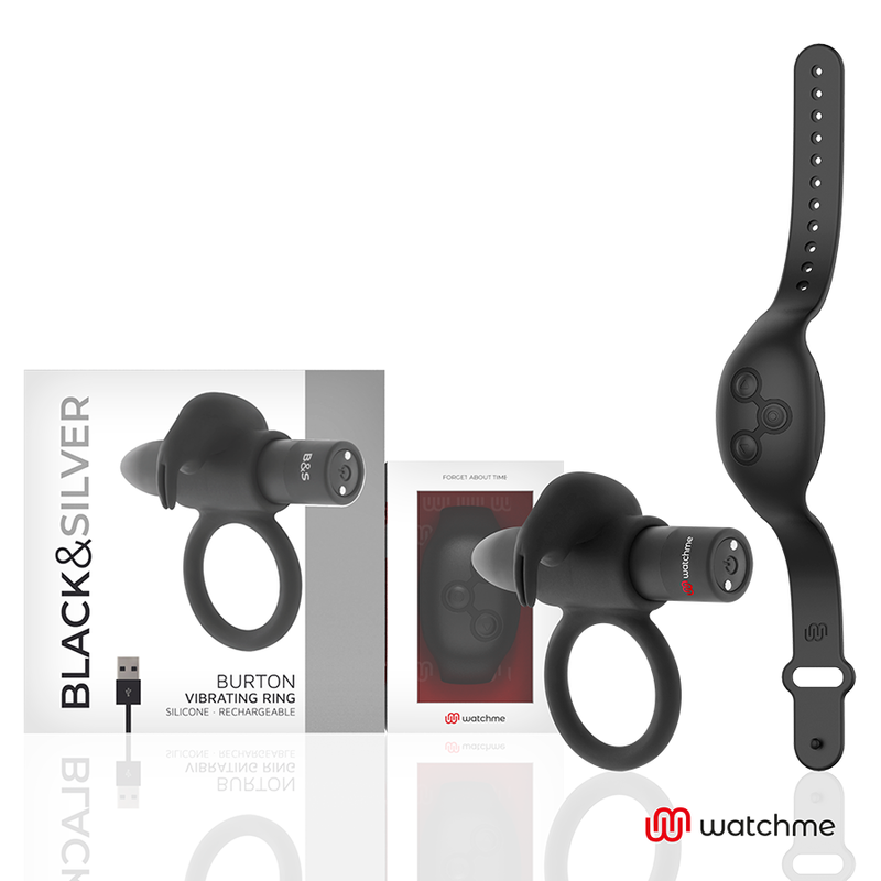 Black&Silver - Vibrating Burton Cockring with WatchMe Remote Control Package