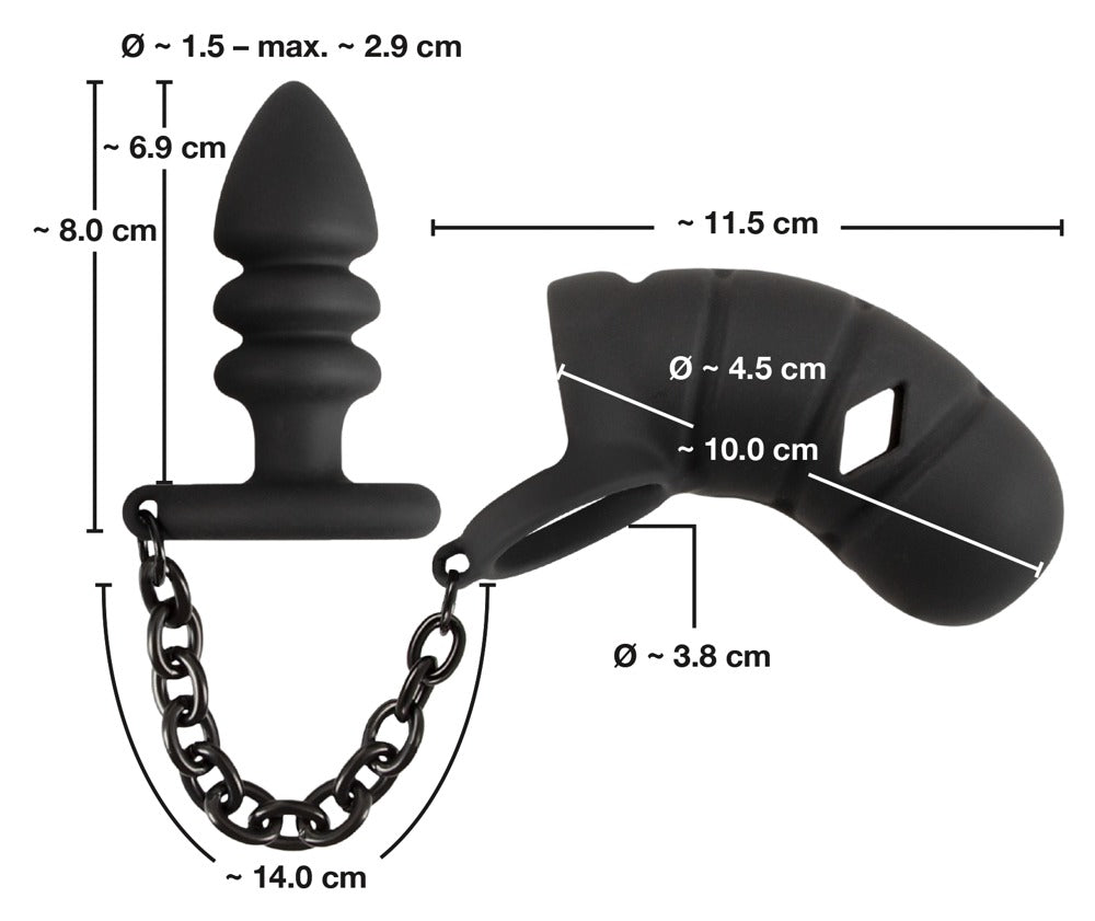 Black Velvets Cock Cage with Butt Plug sizes