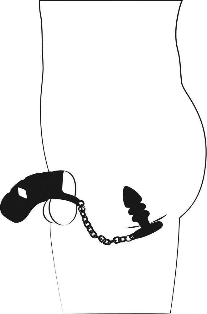 Black Velvets Cock Cage with Butt Plug in use