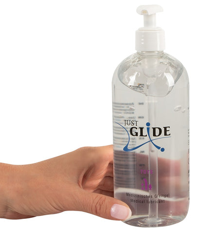 Just Glide Toy Lube 500ml in hand