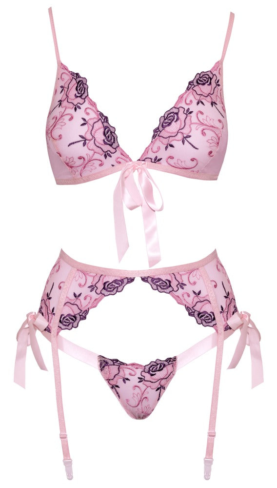 Kissable Floral Embroidery with Bows 3pc Lingerie Set