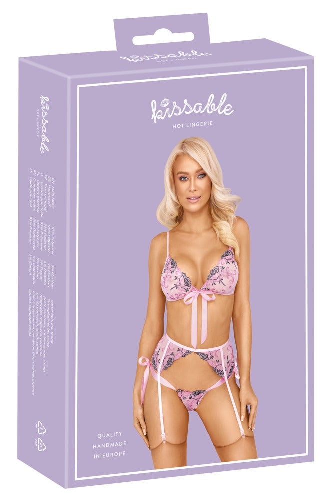 Kissable Floral Embroidery with Bows 3pc Lingerie Set box