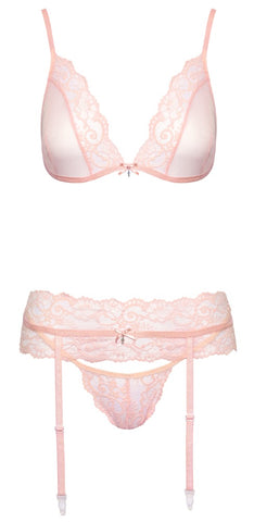 Kissable Lace Bra and Panty Set with Garter Belt Clear