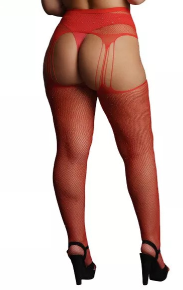 Le Désir - Suspender Rhinestone Pantyhose red back