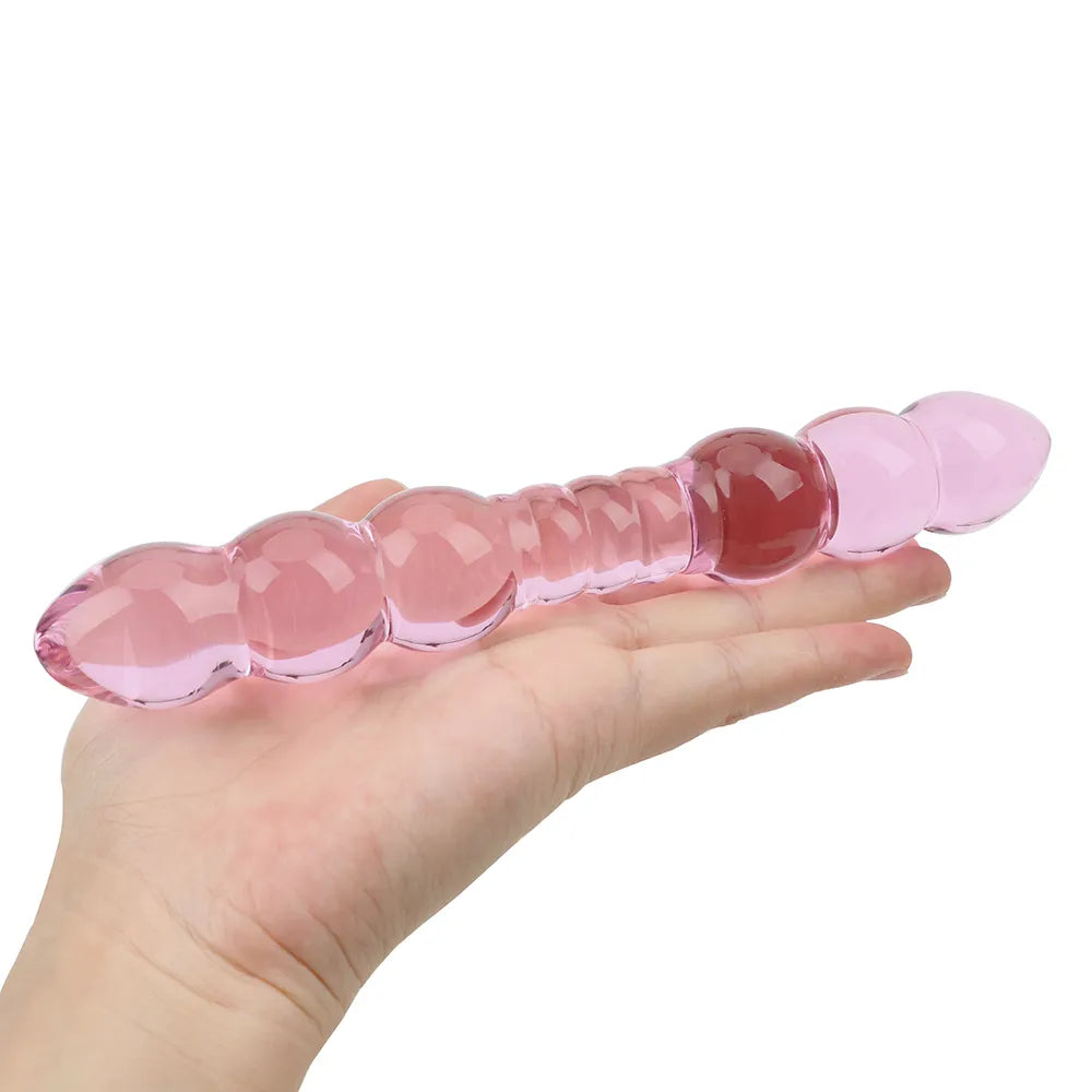 Loveangels Tempered Glass Double Ended Beaded Dildo lying on hand