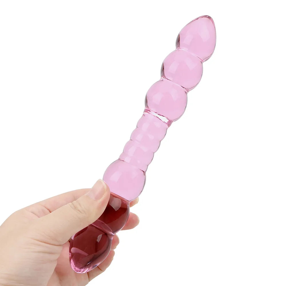 Loveangels Tempered Glass Double Ended Beaded Dildo in hand