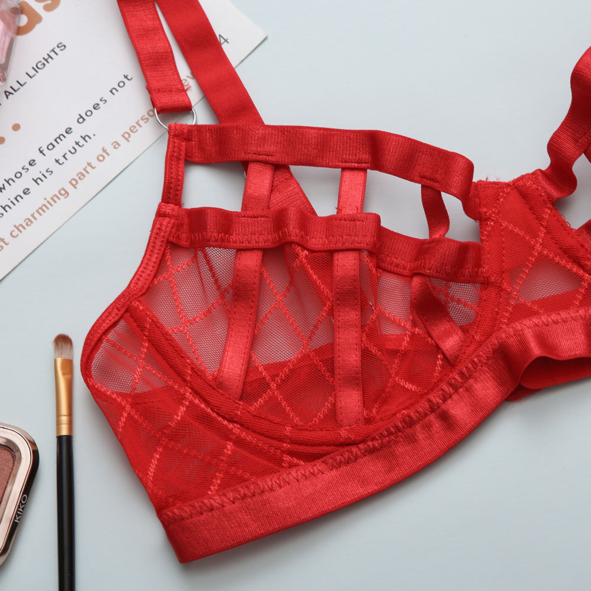 De Namour Lingerie by Shots Red Diamond Net Three Piece Lingerie Set