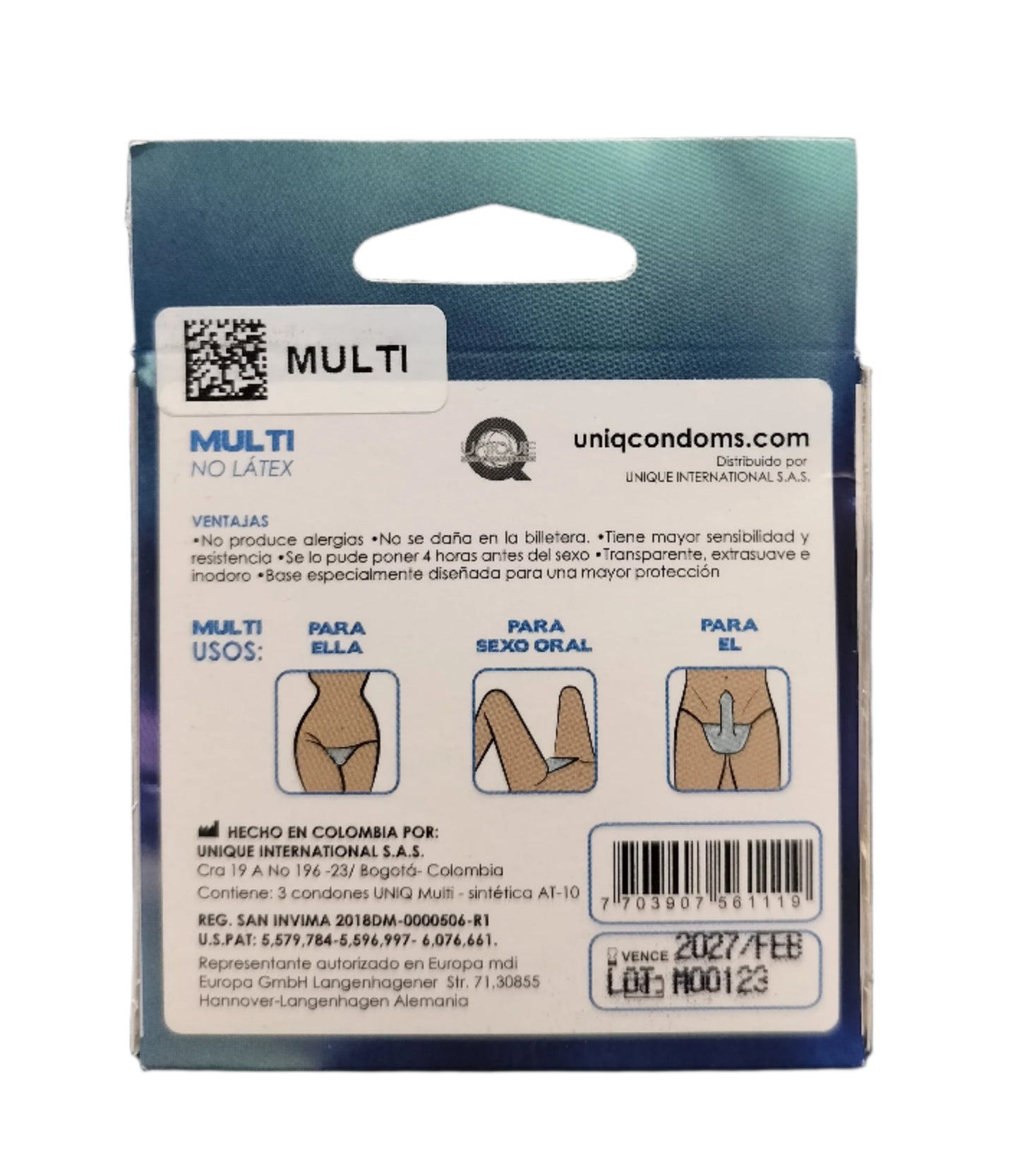 UNIQ Multi Sheath Condoms Latex Free 3 Pack back of box