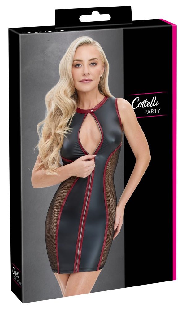 Cottelli Party Matt Look Mesh Mini Dress – Black & Dark Red - Loveangels
