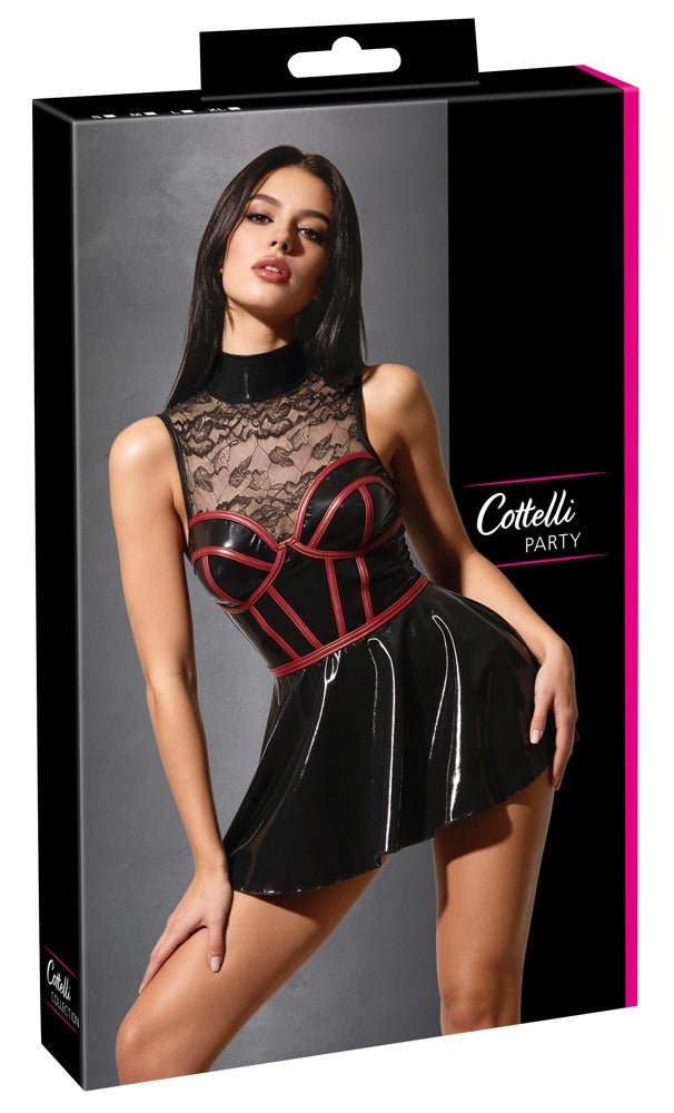 Cottelli Party Wet Look & Lace Cage-Corset Mini Dress – Black & Dark Red - Loveangels