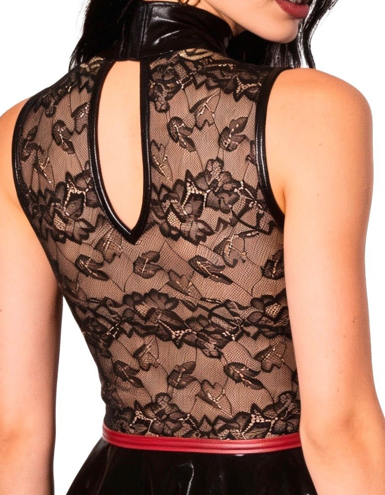 Cottelli Party Wet Look & Lace Cage-Corset Mini Dress – Black & Dark Red - Loveangels