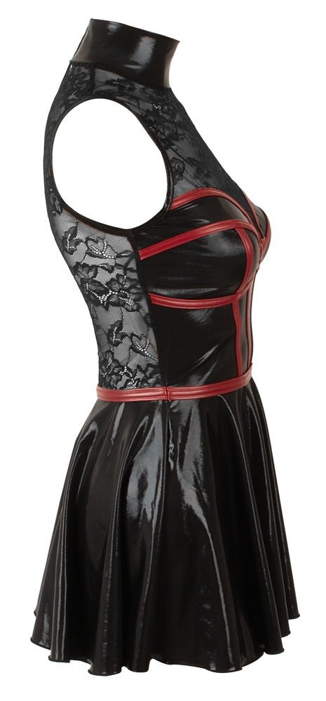 Cottelli Party Wet Look & Lace Cage-Corset Mini Dress – Black & Dark Red - Loveangels