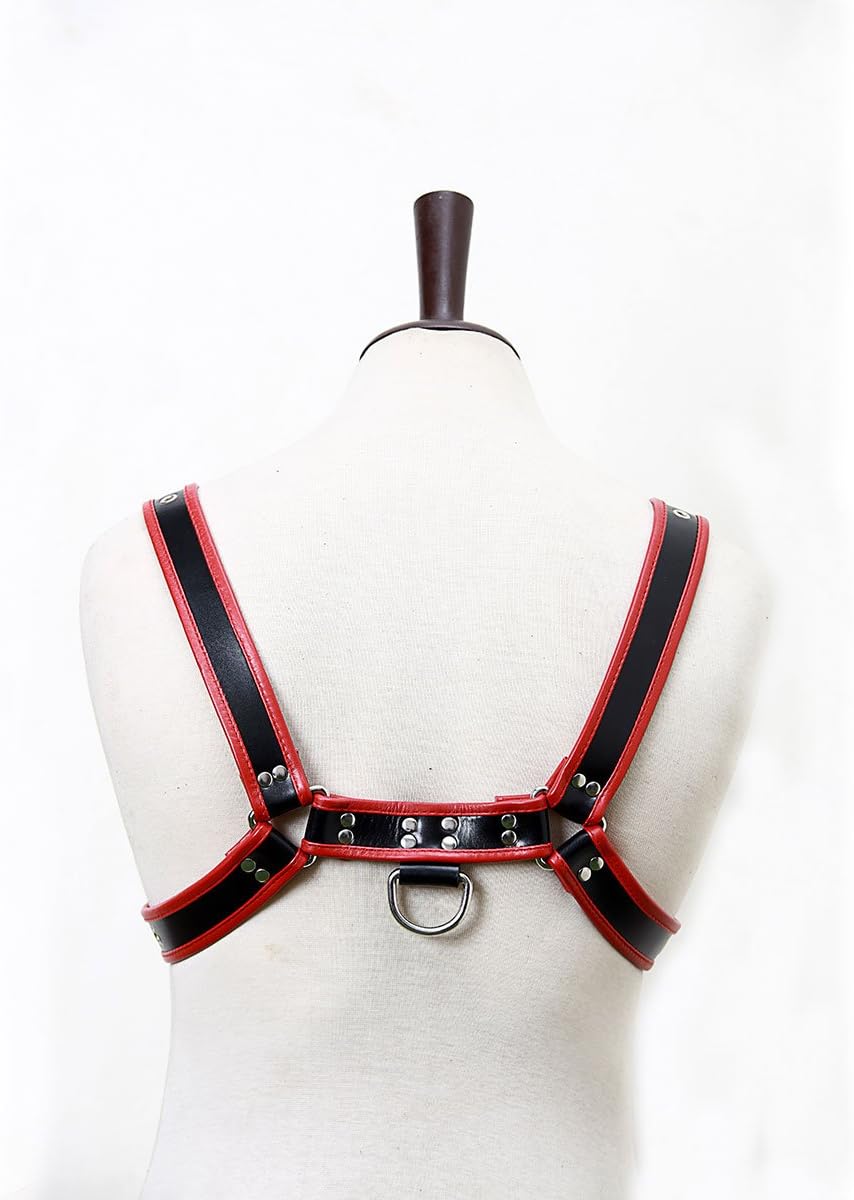 Genuine Leather Body Chain Harness III Black/Red - Loveangels