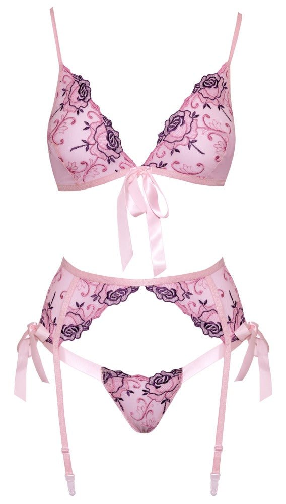 Kissable Floral Embroidery with Bows 3pc Lingerie Set - Loveangels