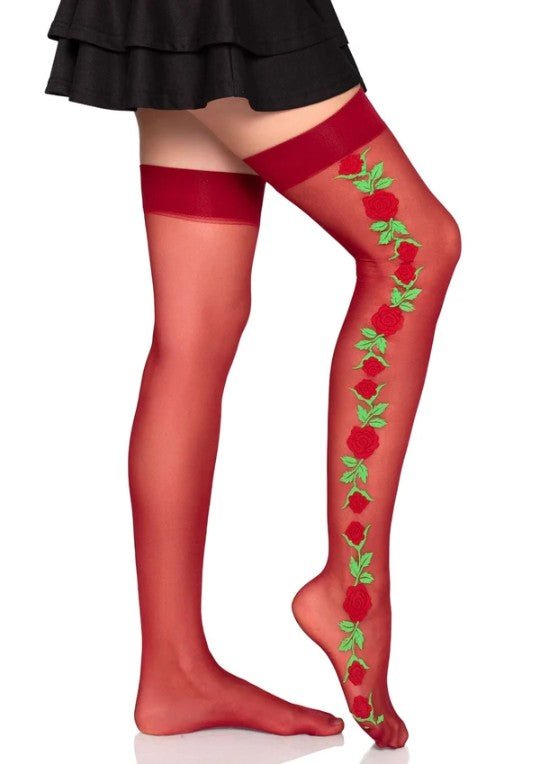 Leg Avenue Thigh Highs with Roses Red One Size - Loveangels