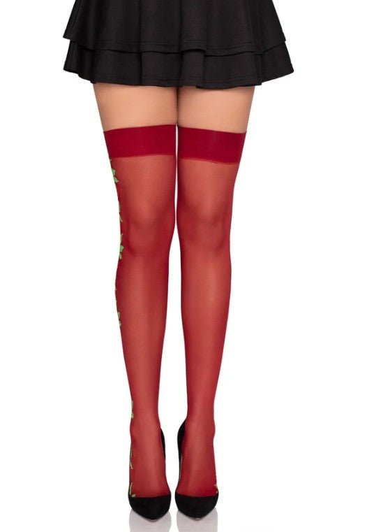 Leg Avenue Thigh Highs with Roses Red One Size - Loveangels