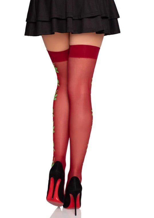 Leg Avenue Thigh Highs with Roses Red One Size - Loveangels