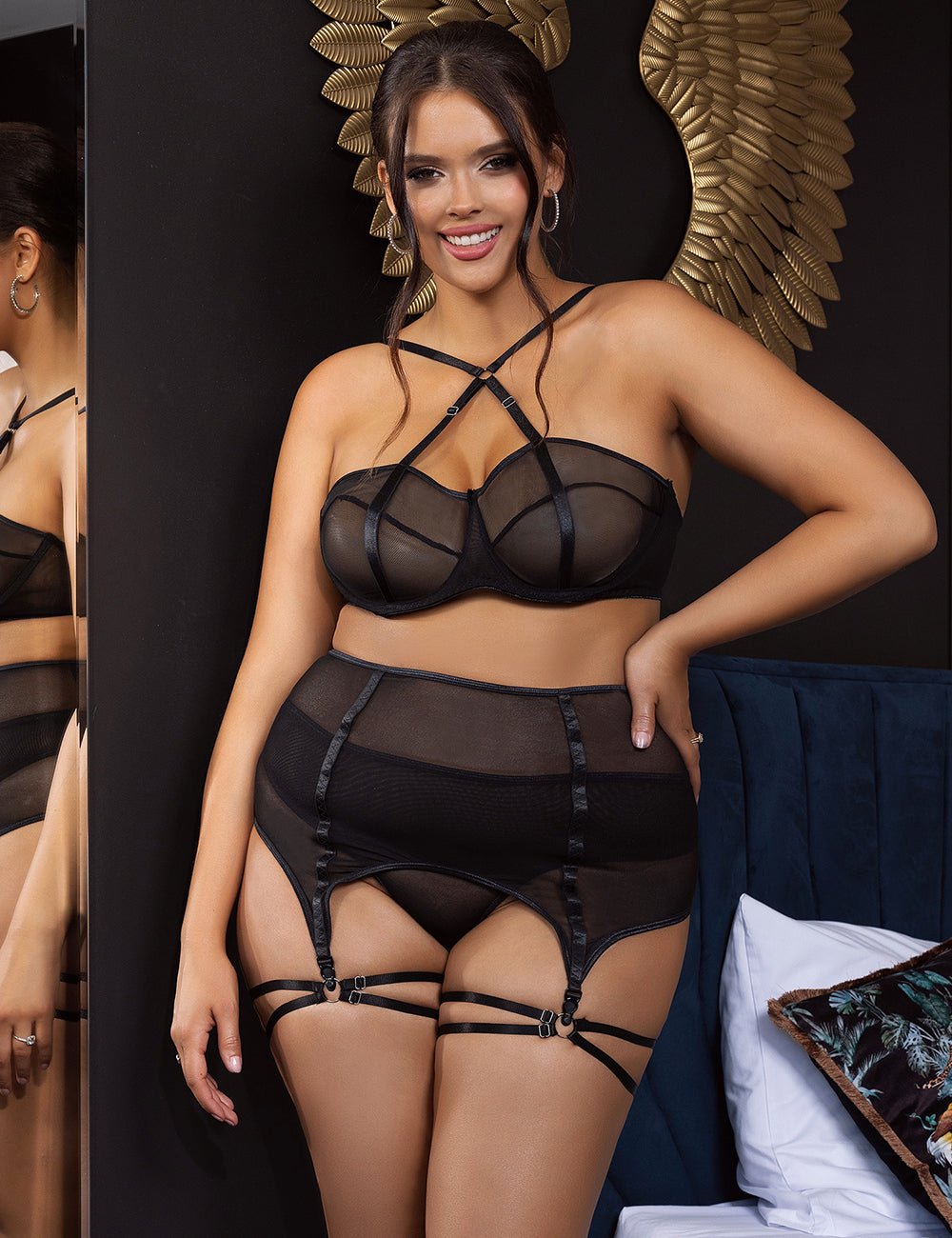 Loveangels Black Mesh 3pc Set With Corset Tie Garter Belt - Loveangels