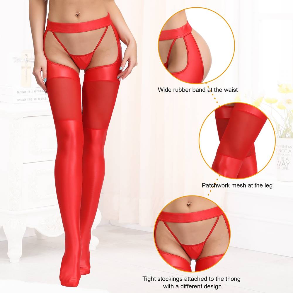 Loveangels Faux Leather And Mesh Suspender Tights With Attached Thong - Loveangels