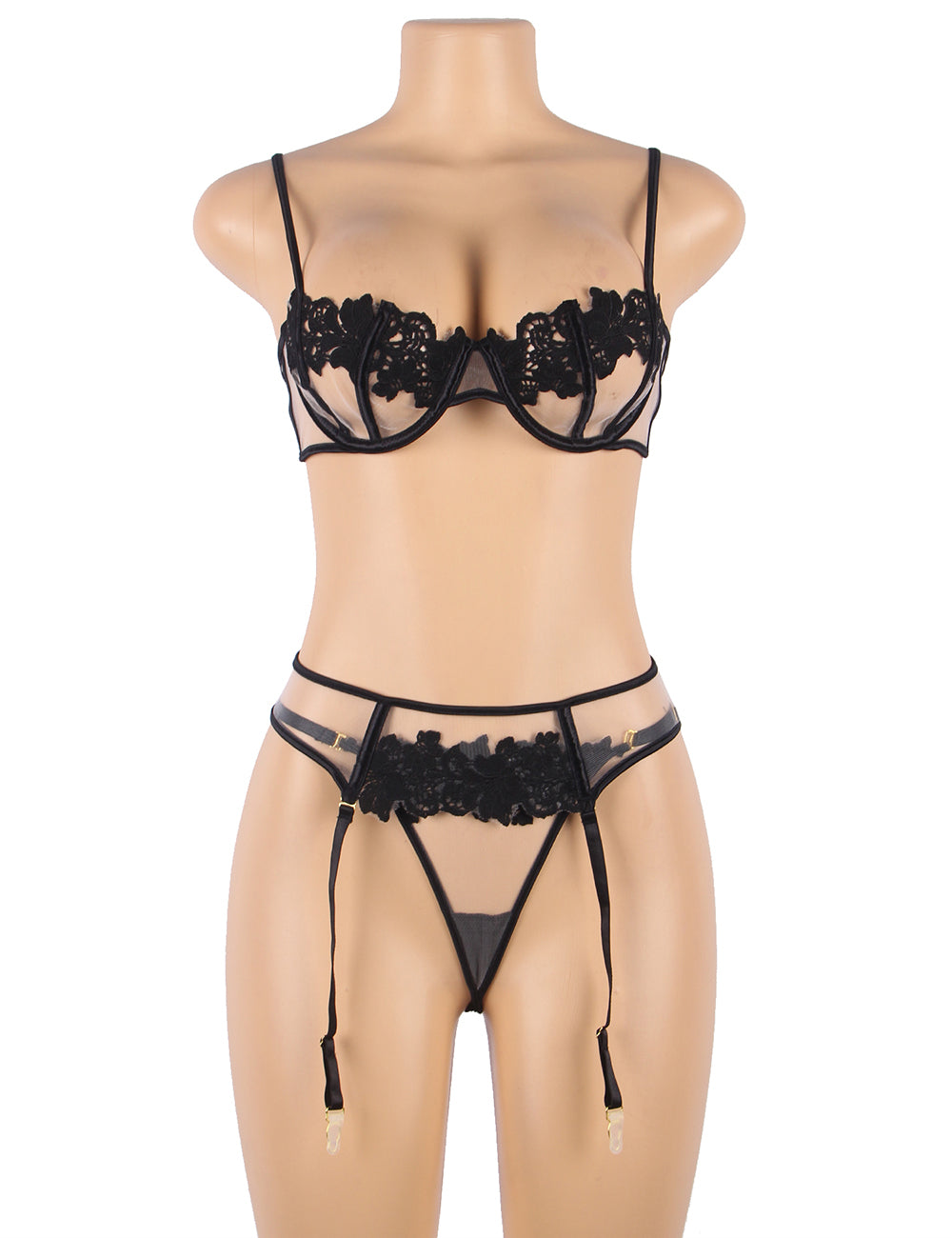 Loveangels Black Floral Lace 3pc Set front on mannequin