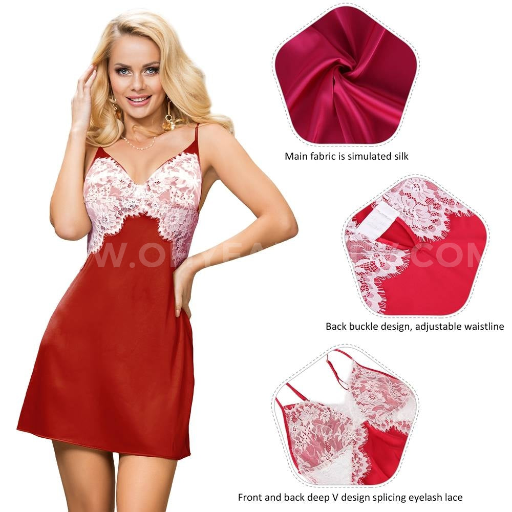 Loveangels Satin Lace Stitching Open Back Babydoll details