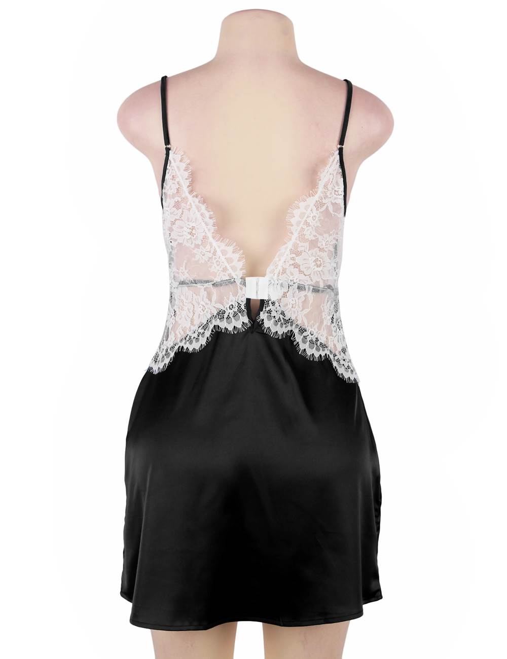 Loveangels Satin Lace Stitching Open Back Babydoll black on mannequin back