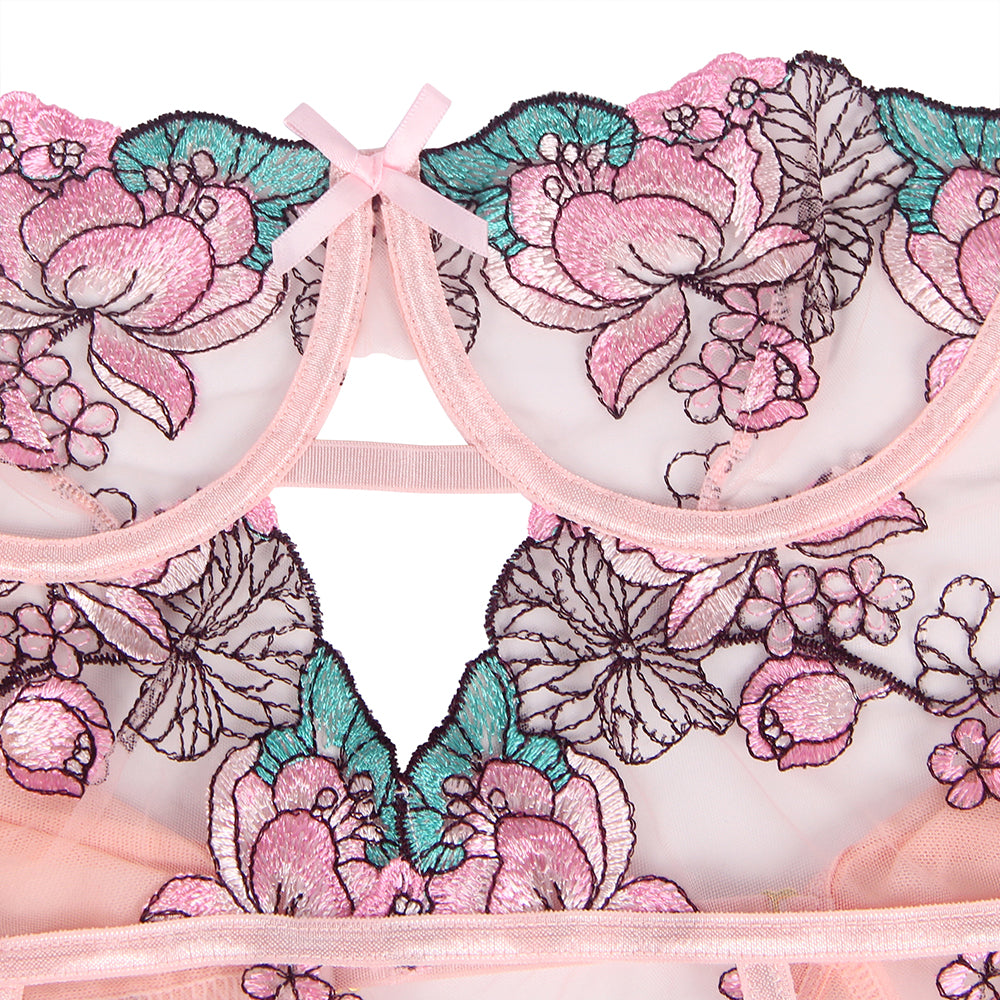 Loveangels Sexy Colourful Floral Open Crotch Pink Teddy Lingerie detail