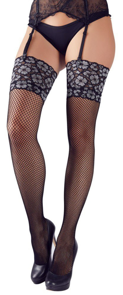Cottelli Fishnet Suspender Stockings With Floral Lace - Loveangels