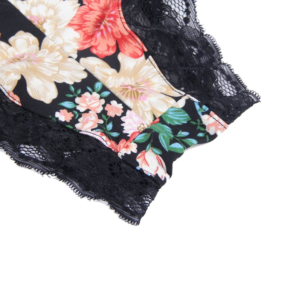 Loveangels Deep V - neck Floral Print One - piece Bodysuit - Loveangels