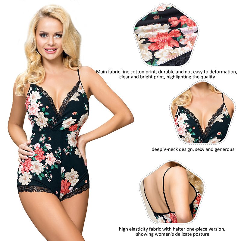 Loveangels Deep V - neck Floral Print One - piece Bodysuit - Loveangels