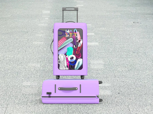 A purple suitcase at an airport with its contents visible, showing a variety of colourful sex toys neatly packed inside, symbolising discreet travel with adult products.