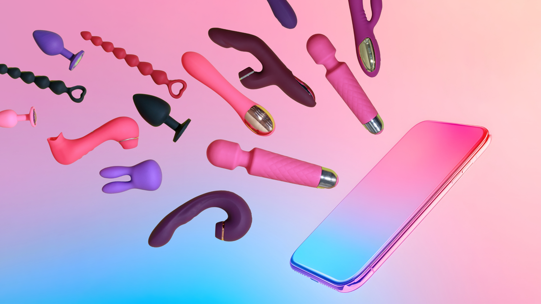 Smart and AI-powered sex toys floating beside a smartphone, illustrating app-controlled pleasure and modern sexual wellness technology.
