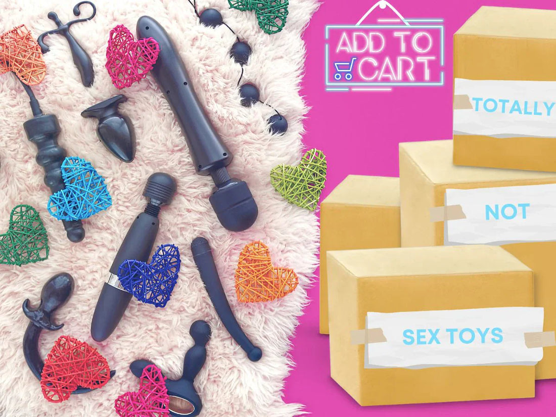 A collection of black sex toys arranged on a soft pink furry surface, decorated with colorful woven hearts. To the right, three discreetly labeled shipping boxes read 'TOTALLY NOT SEX TOYS,' with a neon 'ADD TO CART' sign above.