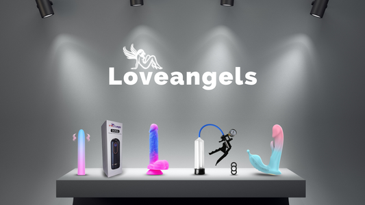 Display of Loveangels exclusive sex toys under spotlights, including vibrators, dildos, a penis pump, cock ring, and rabbit-style vibrator, with the Loveangels logo in the background.