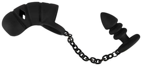 Black Velvets Cock Cage with Butt Plug