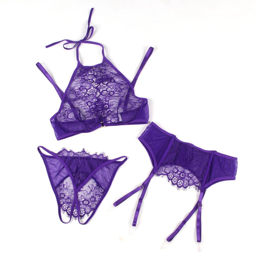Loveangels Purple Eyelash Lace Bra Panty 3pc Set