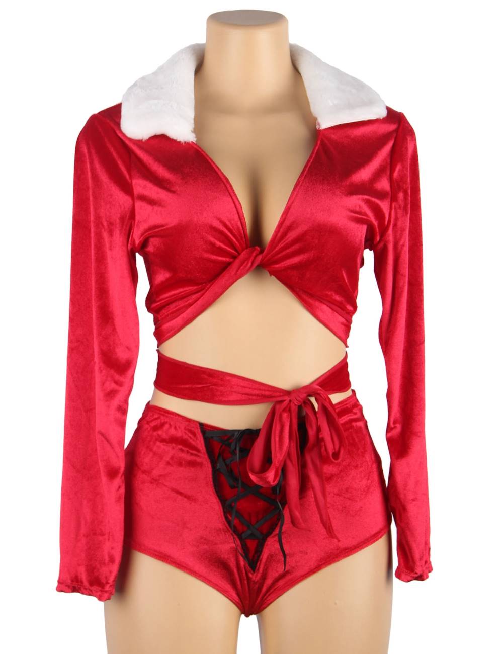 Sexy Long Sleeved Tie Up Two Piece Christmas Suit