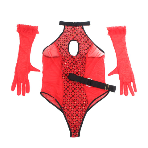 Loveangels Flocked Mesh Bodysuit With Belt And Gloves
