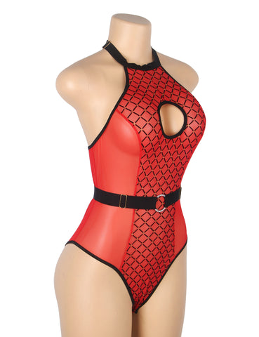 Loveangels Flocked Mesh Bodysuit With Belt And Gloves