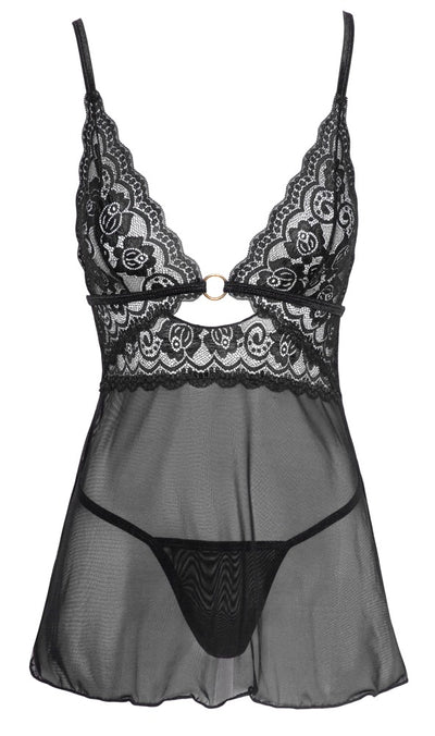 Cottelli Lace And Mesh Babydoll With Chest Ring Size Small