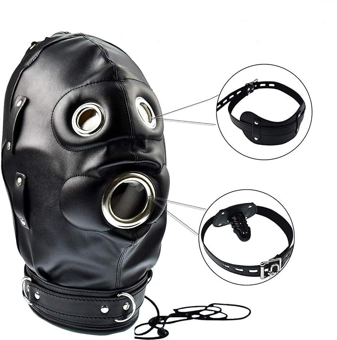 Loveangels PU Leather Hood With Removable Blindfold And Penis Gag