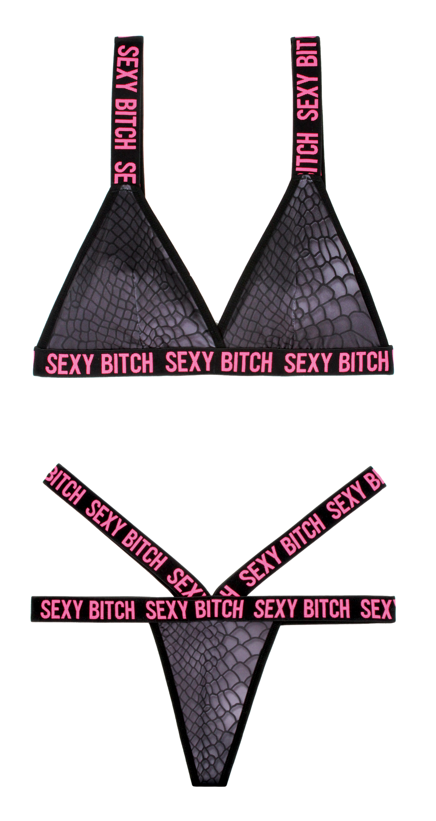 Fantasy Lingerie Vibes Sexy Bitch Bralette & Strappy Thong Panty Black