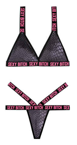Fantasy Lingerie Vibes Sexy Bitch Bralette & Strappy Thong Panty Black